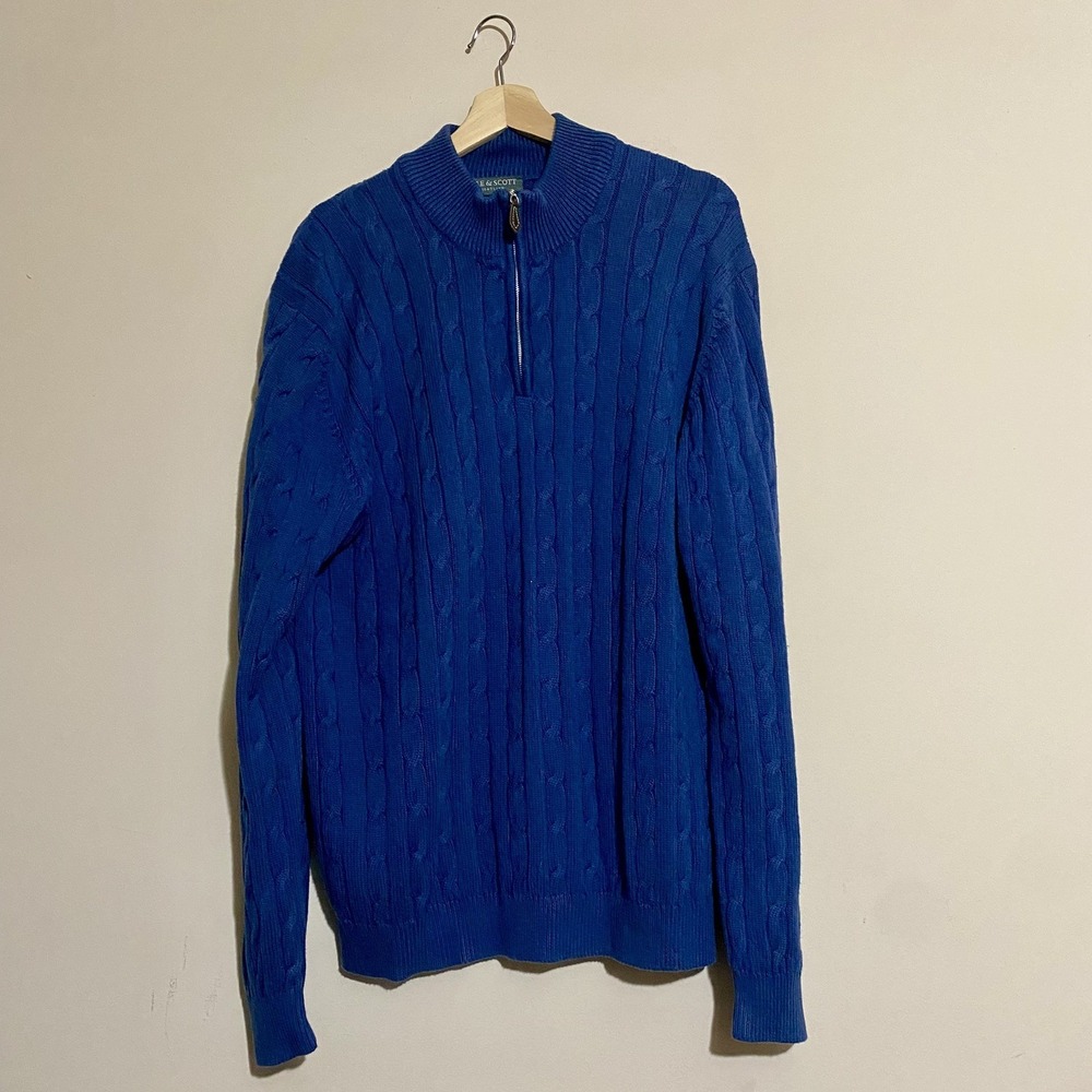 Lyle & Scott Scotland Mens Sweater Sz XL Cable Knit 1/4 Zip Blue Pullover